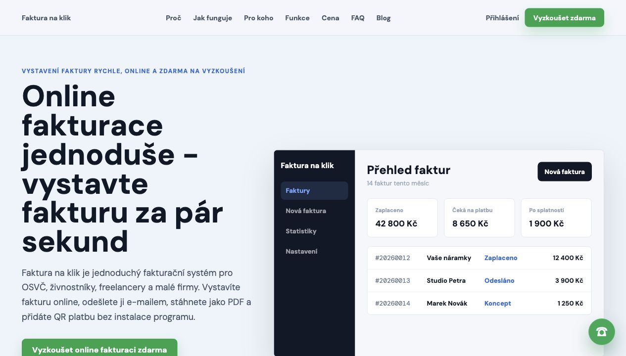 Náhled hlavní strany webu fakturanaklik.online